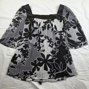 AGB Blouse Black White Floral Satin Trim Tie Back Square Neck Top Womens XL
